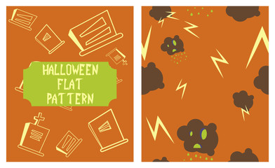 Set of Halloween festive pattern. Endless background with pumpkins, skulls, bats, spiders, ghosts, bones, candies, spider web