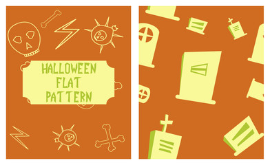 Set of Halloween festive pattern. Endless background with pumpkins, skulls, bats, spiders, ghosts, bones, candies, spider web