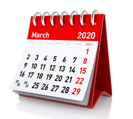 March 2020 Calendar. Isolated on White Background. 3D Illustration