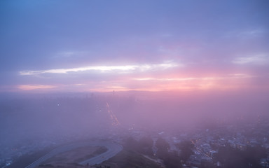 Wide Angle View of Downtown San Francisco With Dense Fog During Sunrise