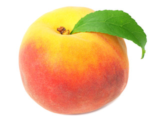 peach fruit with green leaves isolated on white background