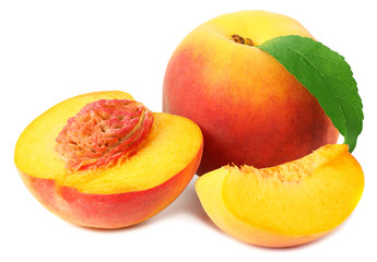 peach fruit with green leaves and slices isolated on white background