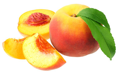 peach fruit with green leaves and slices isolated on white background