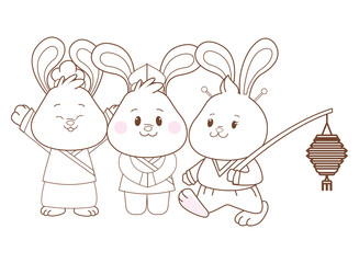 Rabbits celebrating mid autumn festival cartoons in black and white