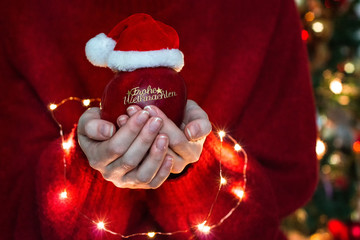 hands holding an apple with a christmas hat with a german sticker saying merry christmas