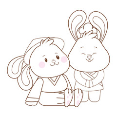 Rabbits in mid autumn festival cartoons in black and white