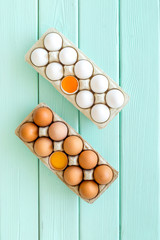 Farm products design for blog with eggs on mint green wooden background top view