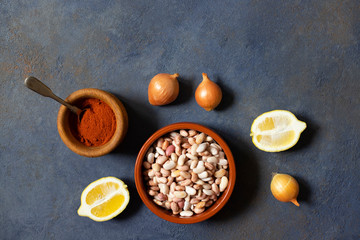 Prebranac ingredients. Balkan baked beans. Serbian, Montenegrin, Bosnian, Croatian and Slovenian cuisine. Uncooked beans, onion, lemon, paprika powder. Dark background. Top view. Space for text
