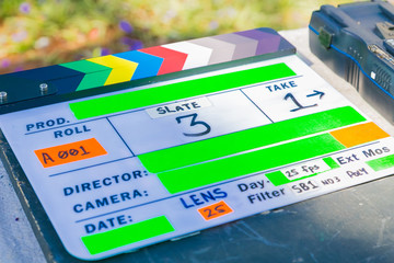 Clapperboard on location used on television and film set productions