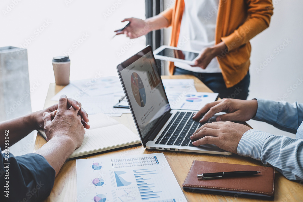 Leinwandbilder Business team collaboration discussing working analyzing with financial data and marketing growth report graph in team, presentation and brainstorming to strategy planning making profit of company