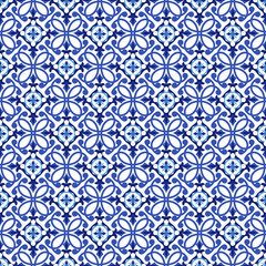 Azulejos portuguese traditional ornamental tile, blue and white pattern.
