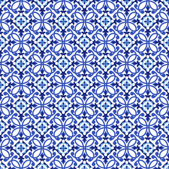 Azulejos portuguese traditional ornamental tile, blue and white pattern.