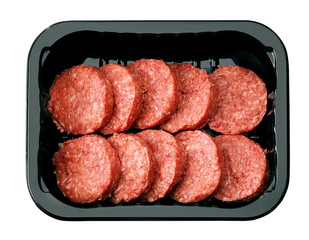 Package of raw beef hamburger isolated on white background.