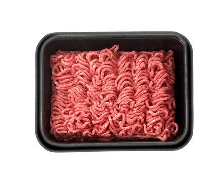 Package of raw minced meat isolated on white background.
