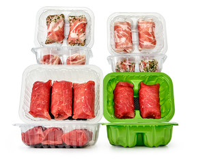 Package of raw meat dutch slavink isolated on white background.