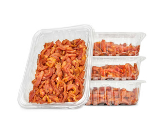 Package of raw shoarma isolated on white background.