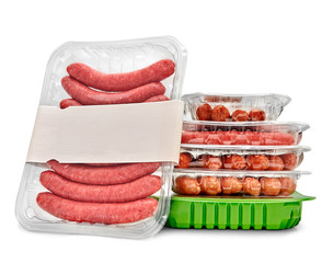 Package of raw beef sausage isolated on white background.