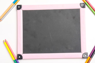Obraz premium Happy Teacher day concept, slate board with pencil , spectacles , top view with copy space