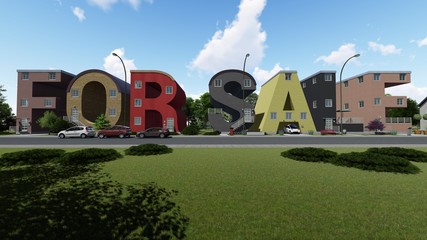 Buildings shaped like a words For Sale 3D rendering