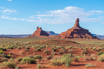 Valley of the Gods landscape of large red buttes and desert greenery in Bears Ears National Monument