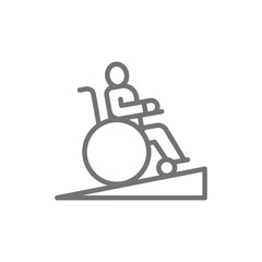 Man in wheelchair, wheelchair ramp, people with mobility problems line icon.