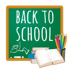 Green chalkboard, books and pencils. 