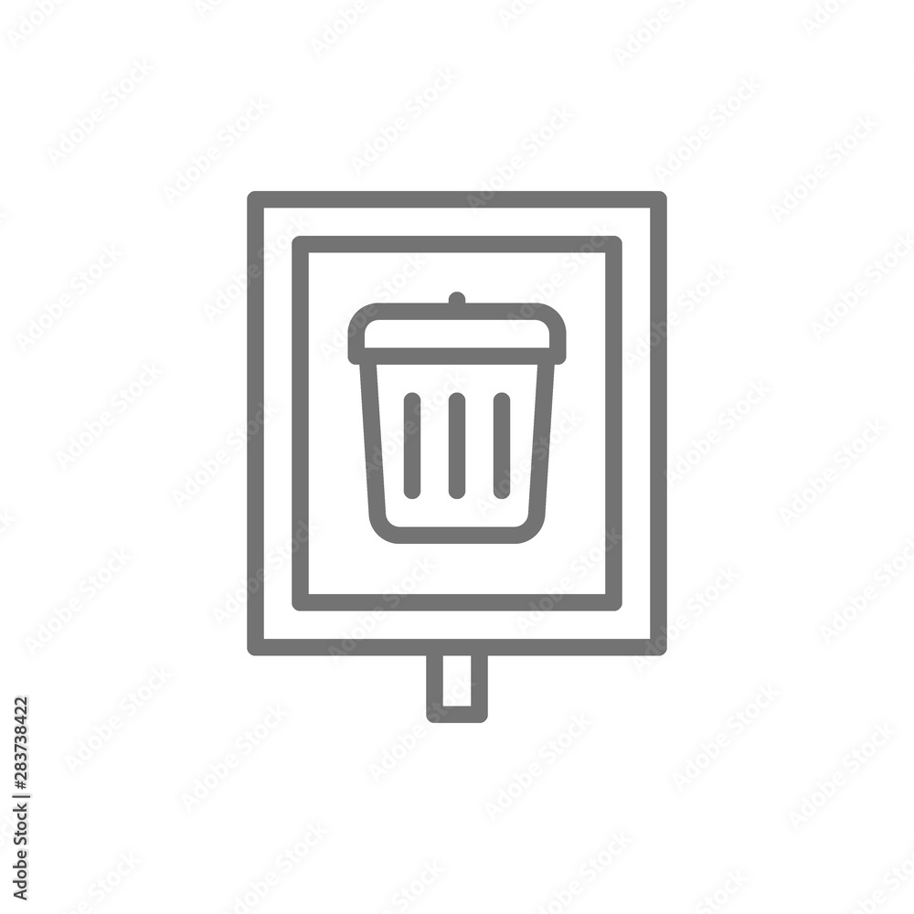 Poster trash can, garbage sign, waste pointer line icon.