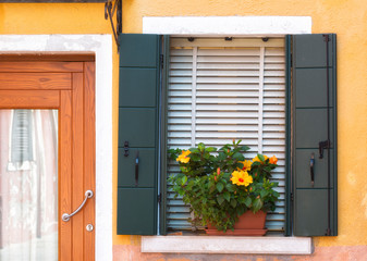 Window on a wall, decorated with blooming flowers