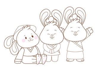 Rabbits celebrating mid autumn festival cartoons in black and white