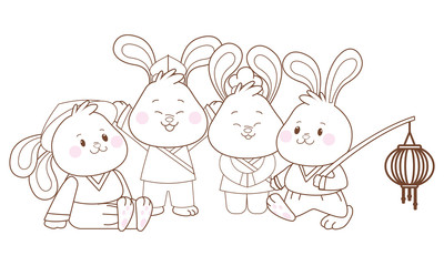 Rabbits celebrating mid autumn festival cartoons in black and white