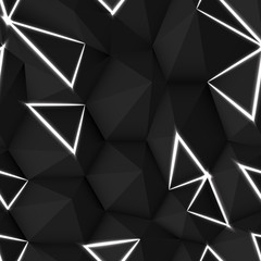 Black Seamless Polygonal Background with Glowing Triangles