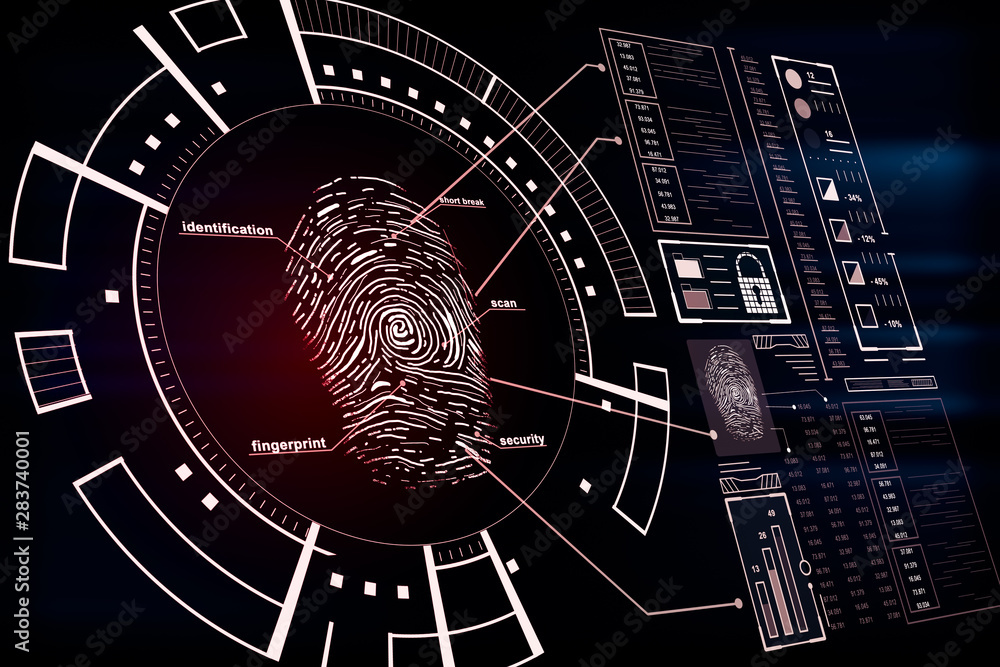 Poster Protection and security concept with fingerprint and cyberspace icons on digital screen.