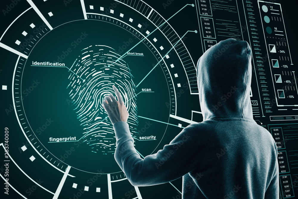 Aufkleber Hacking and security concept with back hacker pushing on fingerprint on cyberspace screen.