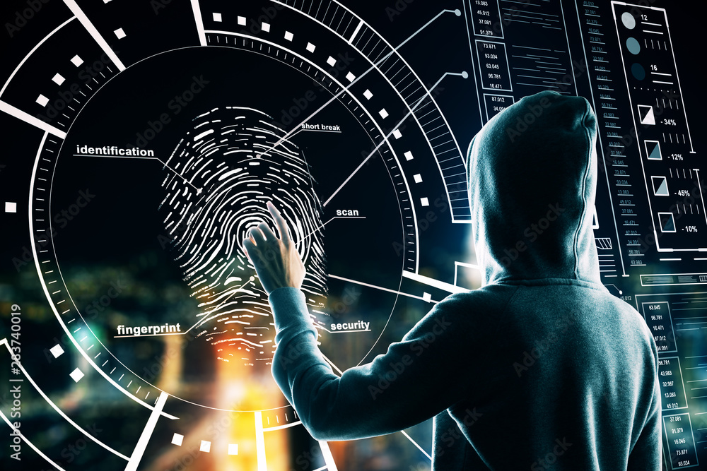 Aufkleber Malware and security concept with hacker pushing on fingerprint on digital screen.