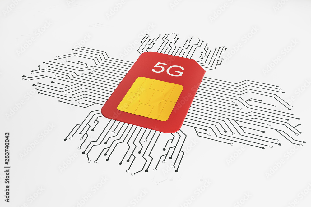 Poster Web speed and gadget concept with sim card with 5G sign and black wires around.