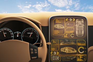 View from car with digital screen of on-board computer at blue sky with clouds background.