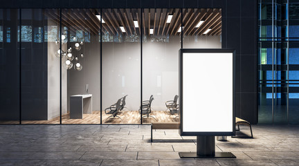 Advertising concept with blank white advertising banner and conference room in the night.