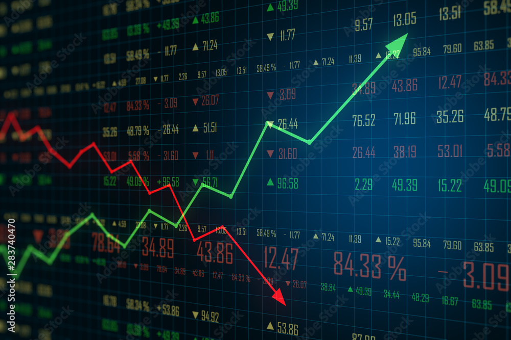 Poster trading concept with business chart screen with green growing arrow and red falling arrow