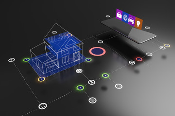 Smart house concept with house layout, cell phone and social and internet icons.