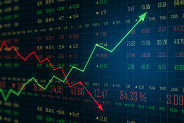 Trading concept with business chart screen with green growing arrow and red falling arrow