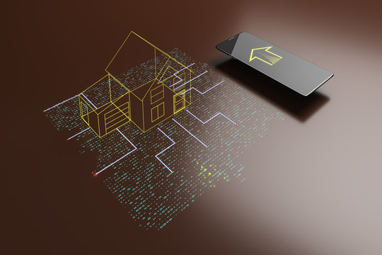 Smart house concept with house layout on binary code floor and mobile phone.