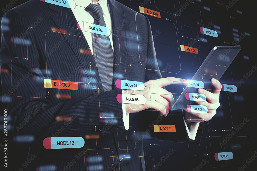 Aufkleber Business technology and programming concept with businessman and digital node tree.