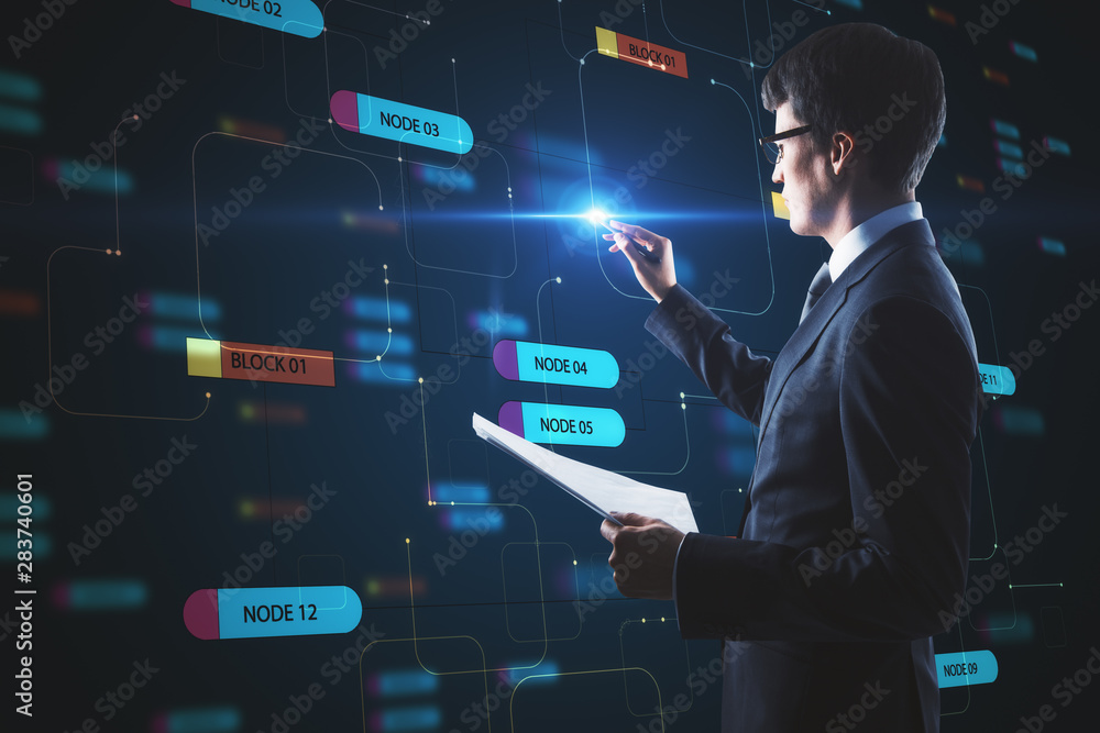 Aufkleber Computer technology concept with businessman touching digital screen with node tree.