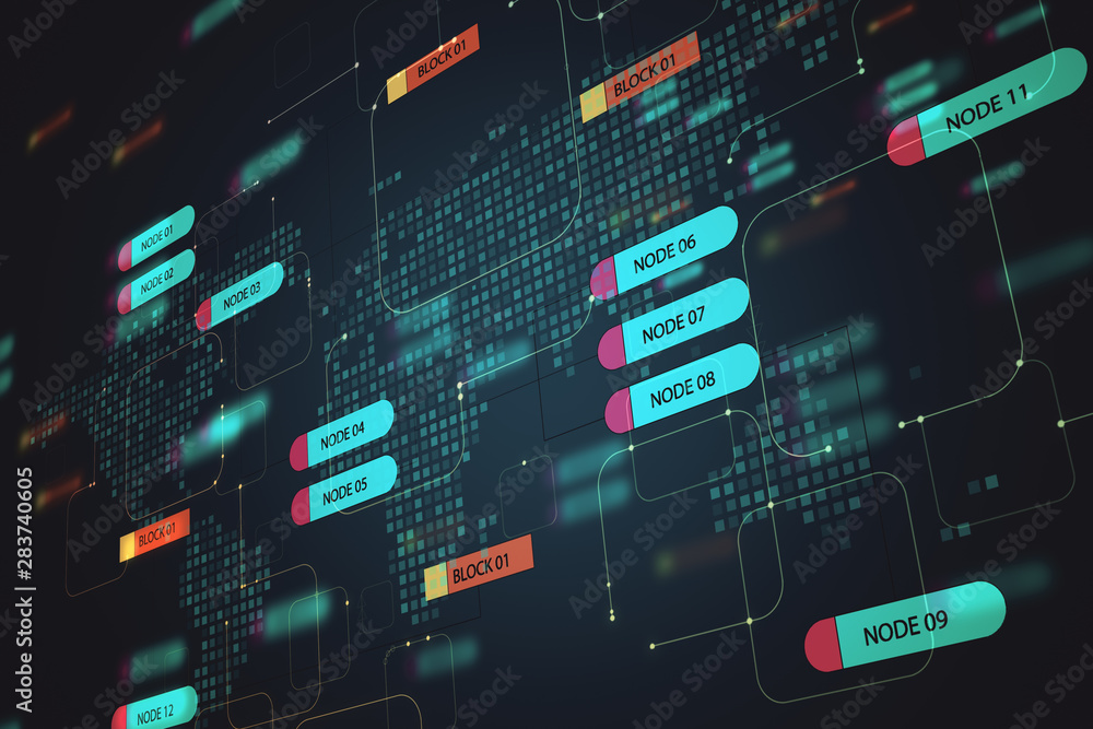 Aufkleber Programming and technology concept with digital node tree screen at world map background.