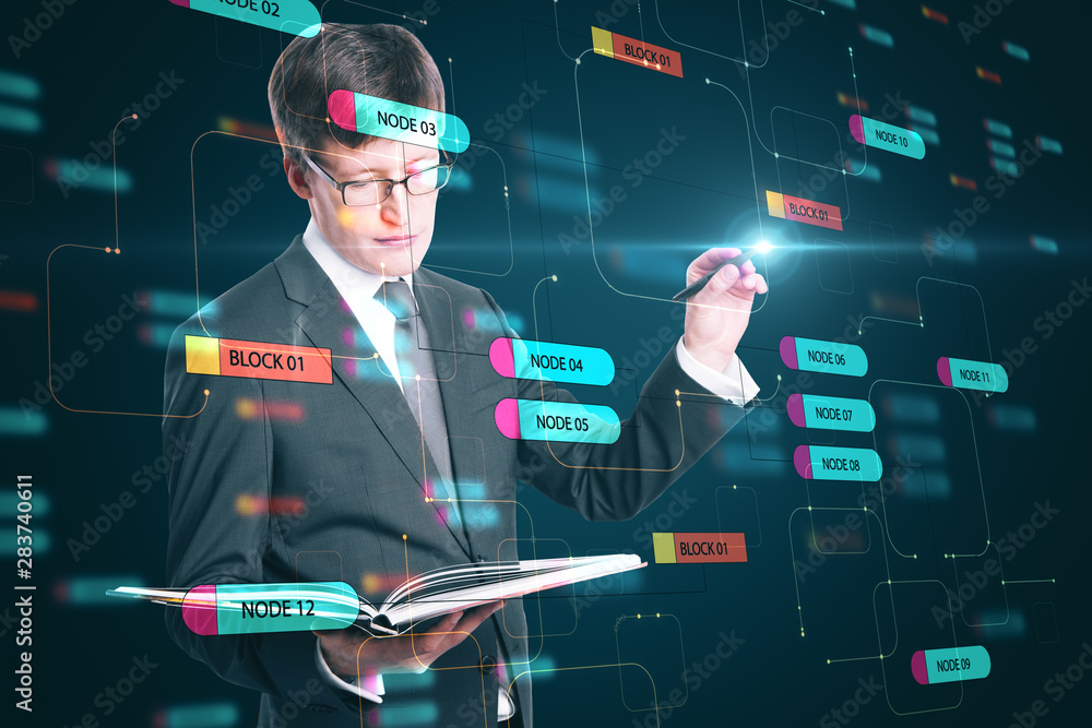 Leinwandbilder Programming concept with businessman looking in a book and touching digital screen with node tree.