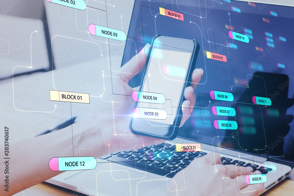 Poster Technology and programming concept woman using cell phone and laptop and digital node tree.