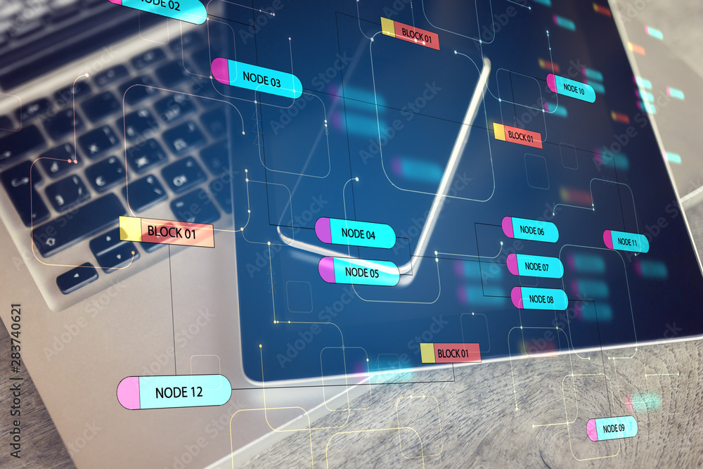 Poster Programming concept with mobile gadgets and laptop and digital node tree screen.