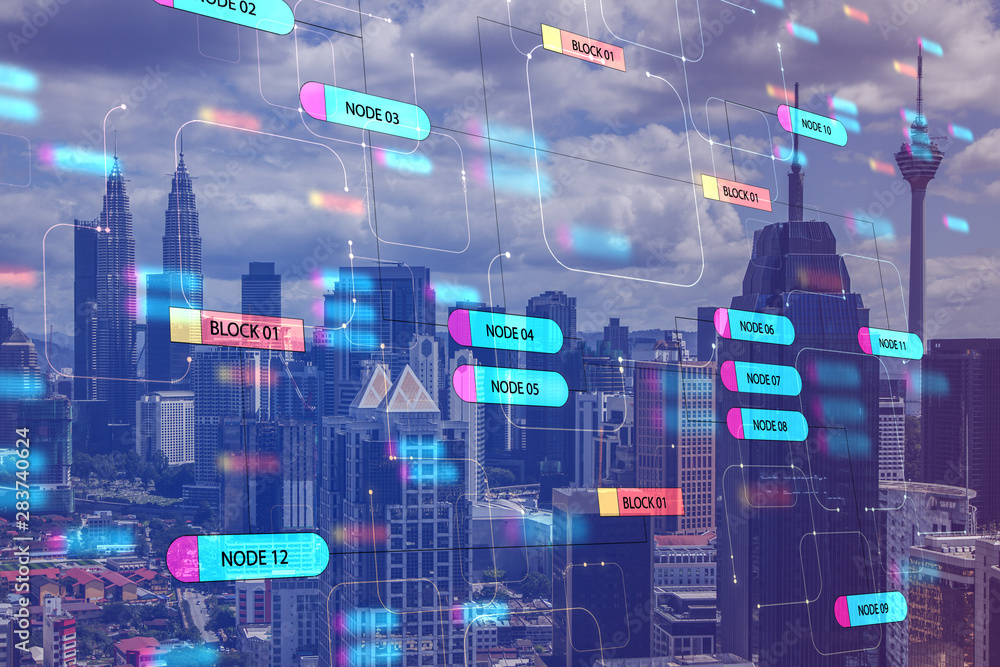Poster global technology concept with digital node tree screen and megapolis city.