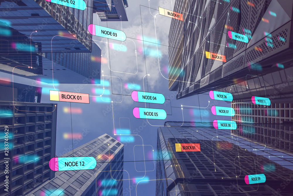 Poster Programming and technology concept with digital node tree and megapolis skyscrapers.