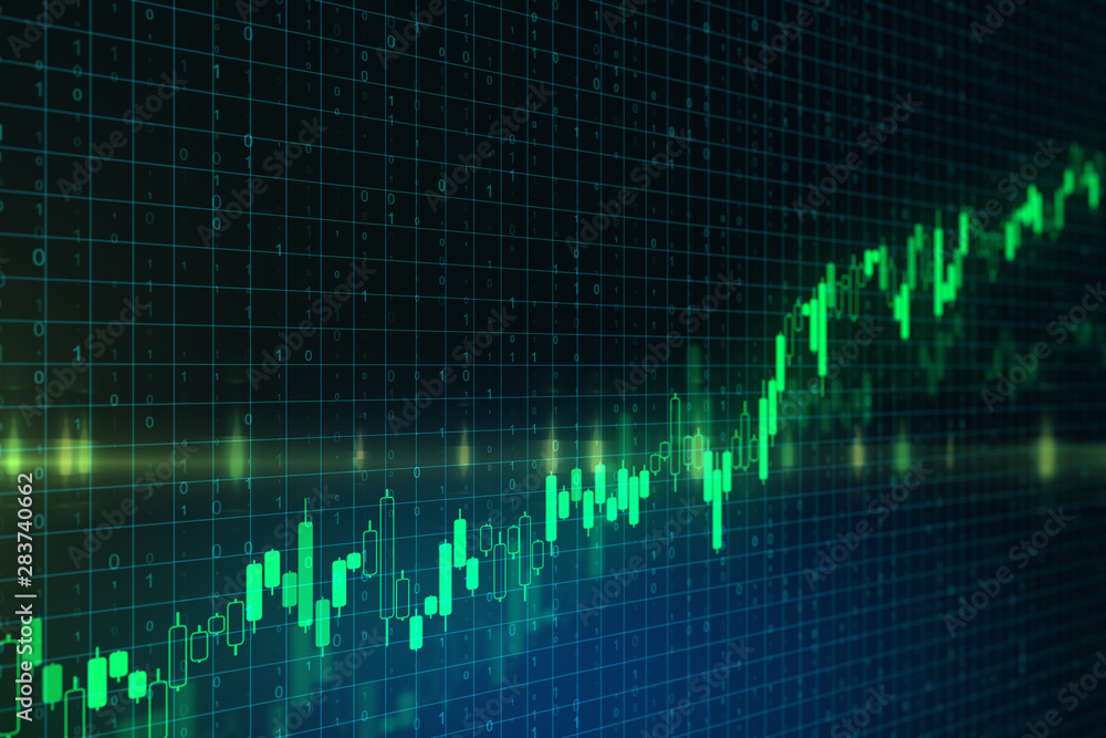 Poster Trading concept with graphs going up at abstract binary code background.